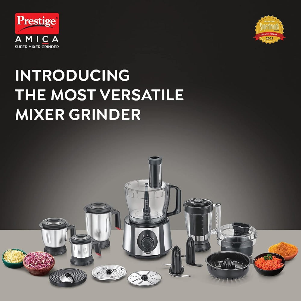 Prestige Amica Super Mixer Grinder 1000 Watt With 5 Jars & Multiple Accessories| Black&Silver