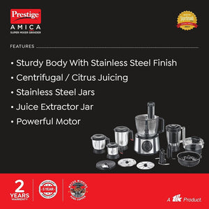 Prestige Amica Super Mixer Grinder 1000 Watt With 5 Jars & Multiple Accessories| Black&Silver