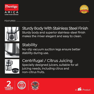 Prestige Amica Super Mixer Grinder 1000 Watt With 5 Jars & Multiple Accessories| Black&Silver