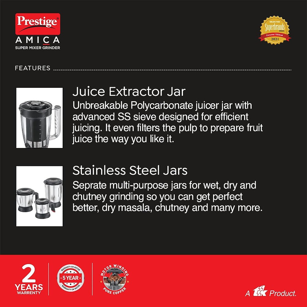 Prestige Amica Super Mixer Grinder 1000 Watt With 5 Jars & Multiple Accessories| Black&Silver