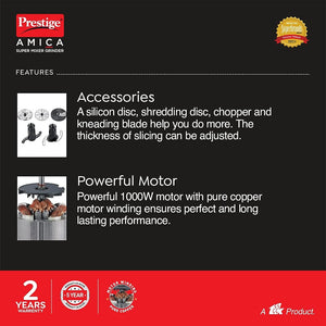 Prestige Amica Super Mixer Grinder 1000 Watt With 5 Jars & Multiple Accessories| Black&Silver