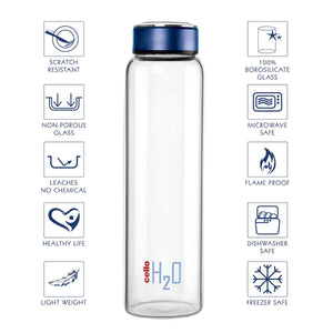 H2O Borosilicate Glass Water Bottle, 1000ml