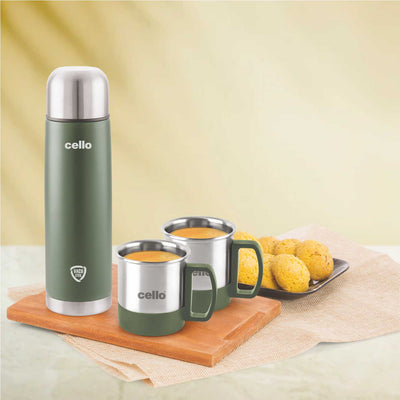 Duro Classic Vacusteel Flask with Mugs Gift Set, 3 Pieces