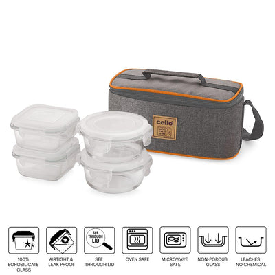 Royale Borosilicate Glass Lunch Box with Jacket, Set of 4
