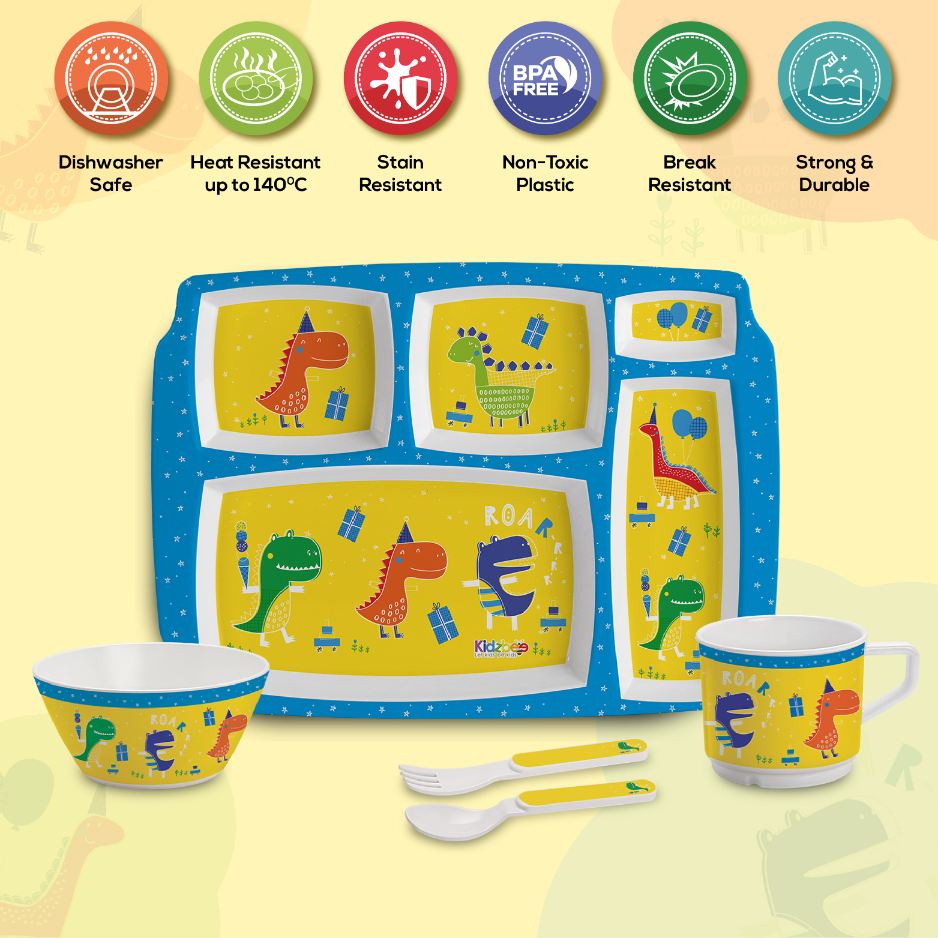 Dino Party  Kids Melamine Meal, Set of 5