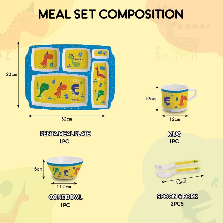 Dino Party  Kids Melamine Meal, Set of 5