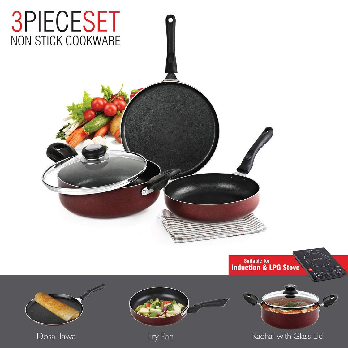 Non-Stick Prima Induction Base Cookware Set, 3 Pieces