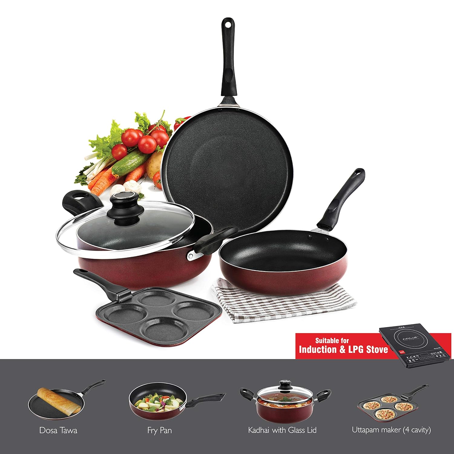 Prima Uttapam Non Stick Induction Base Cookware Set, 4 Pieces