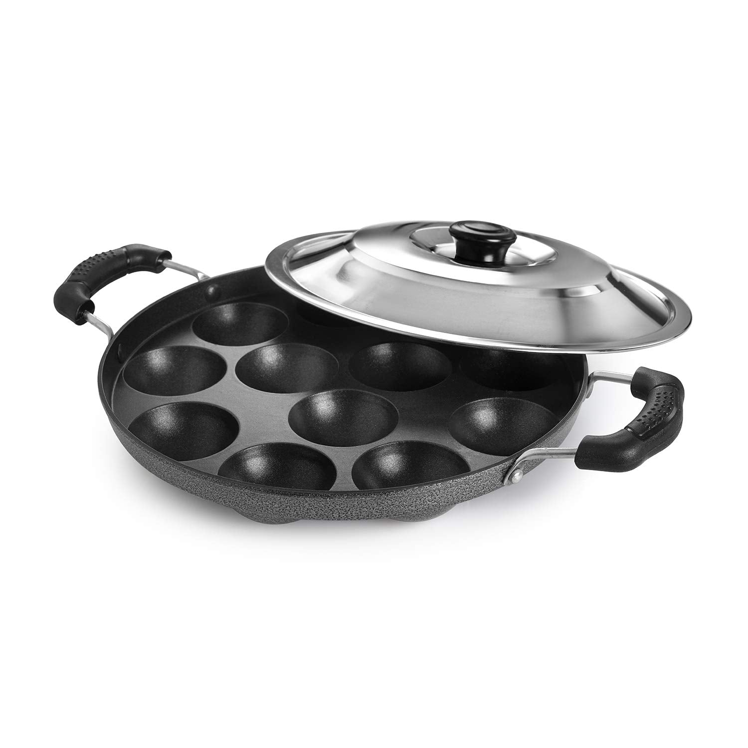 Non-Stick 12 Cavity Appam Patra 2 Side Handle with Stainless Steel Lid