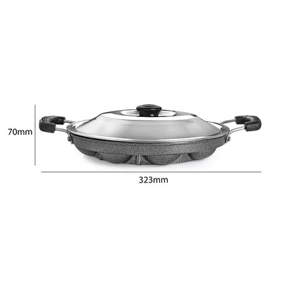 Non-Stick 12 Cavity Appam Patra 2 Side Handle with Stainless Steel Lid