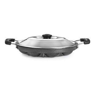 Non-Stick 12 Cavity Appam Patra 2 Side Handle with Stainless Steel Lid