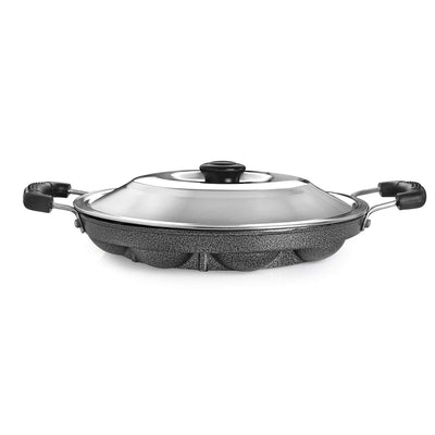 Non-Stick 12 Cavity Appam Patra 2 Side Handle with Stainless Steel Lid