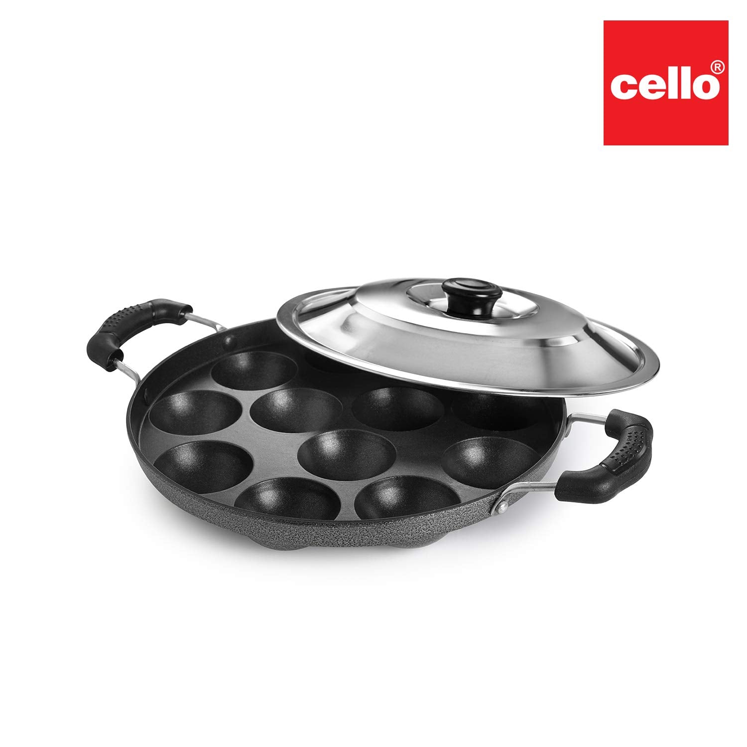 Non-Stick 12 Cavity Appam Patra 2 Side Handle with Stainless Steel Lid