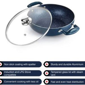 Oxford Non-Stick Induction Base Kadhai with Glass Lid, 3 Litres