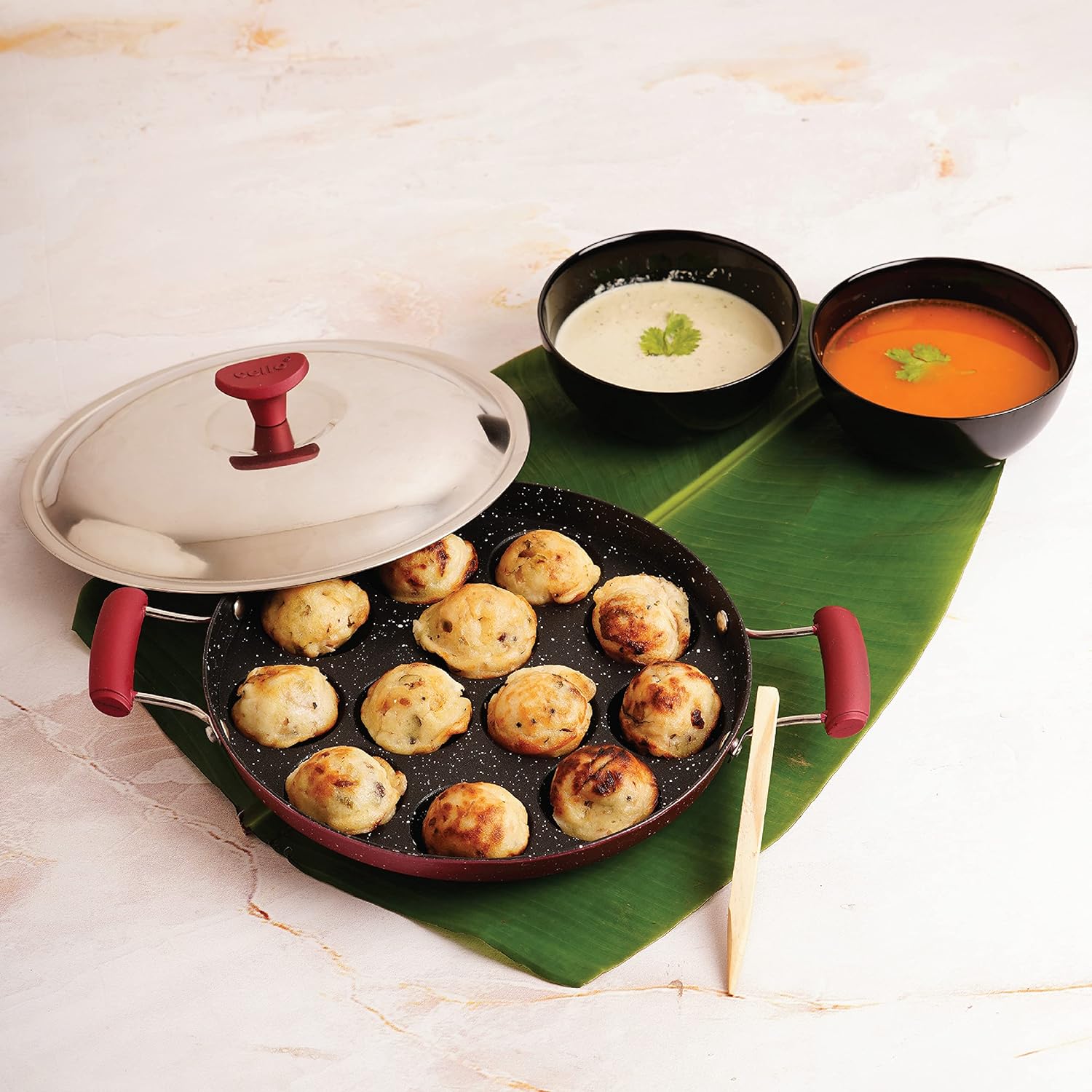 Non-Stick Crown 12 Cavity Appam Patra, Maroon