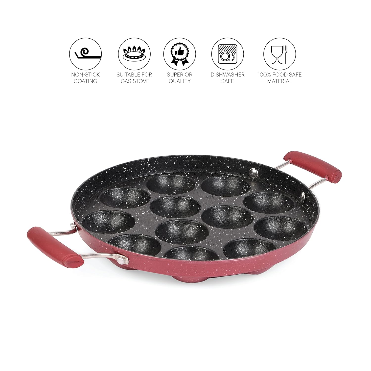 Non-Stick Crown 12 Cavity Appam Patra, Maroon