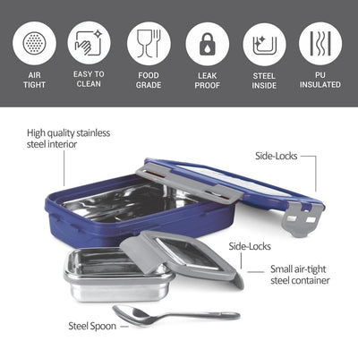 Milton Steely Super Deluxe Insulated Inner Stainless Steel Big Tiffin Box | Set of 2 Pcs