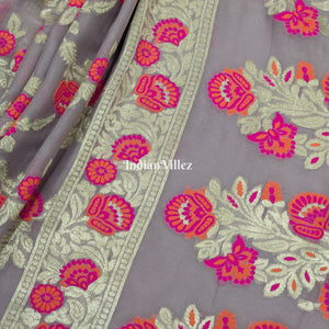 Peach Flower Motif Banarasi Khaddi Georgette Saree