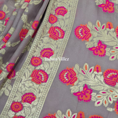 Peach Flower Motif Banarasi Khaddi Georgette Saree