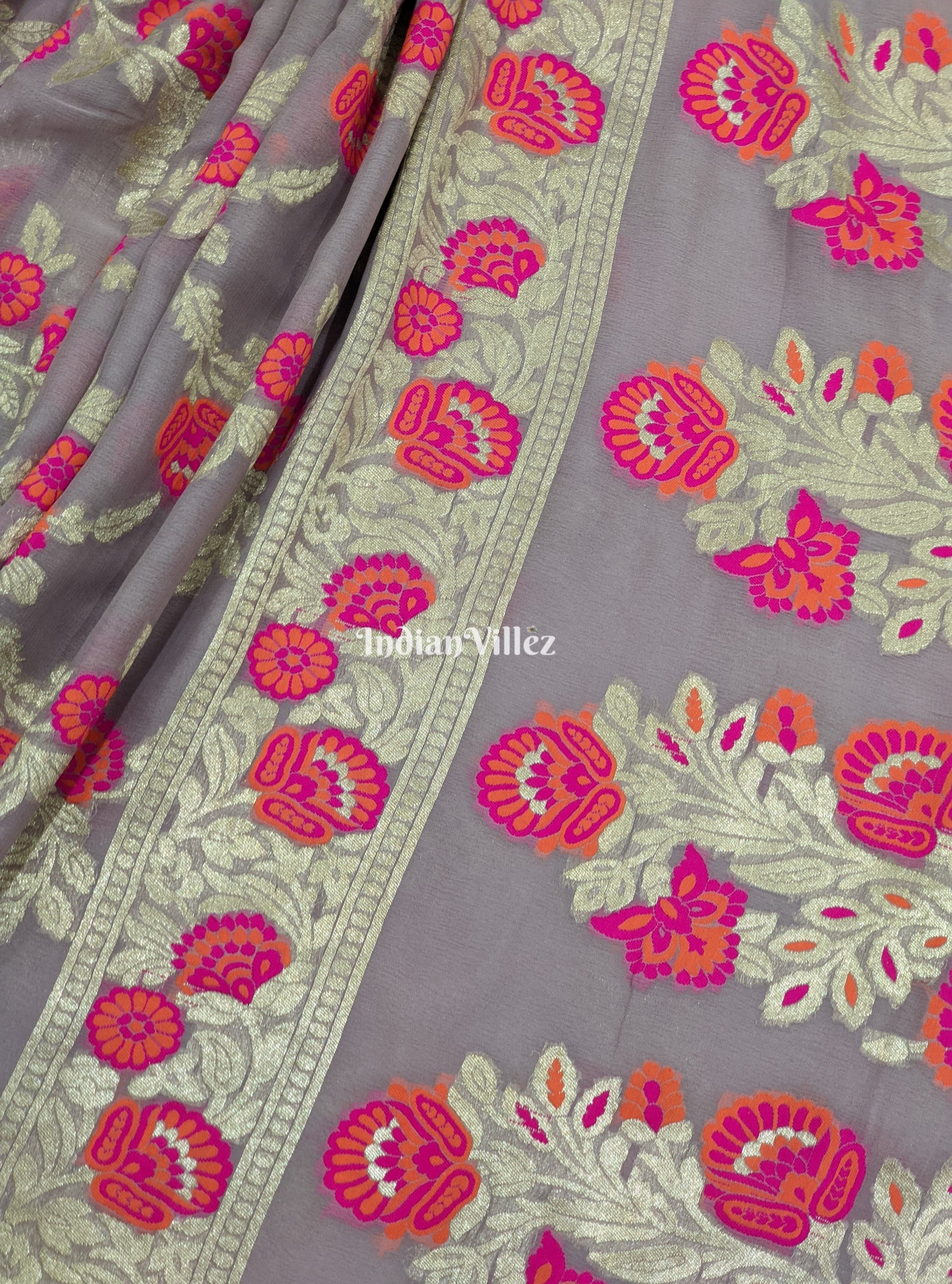 Peach Flower Motif Banarasi Khaddi Georgette Saree