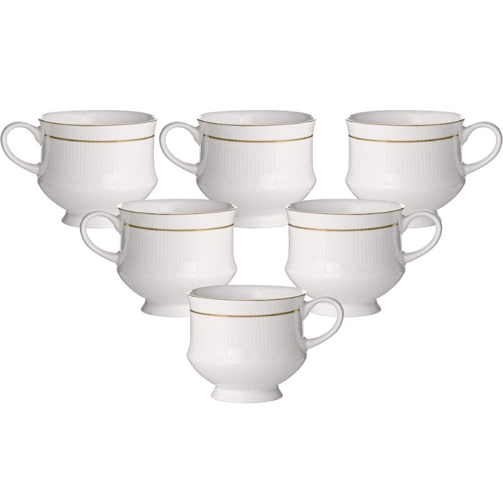 Clay Craft Ceramic Mona 210 ML Coffee & Tea Mugs with 22K Gold Line | White | Set of 6 Pcs