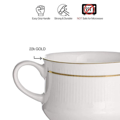 Clay Craft Ceramic Mona 210 ML Coffee & Tea Mugs with 22K Gold Line | White | Set of 6 Pcs