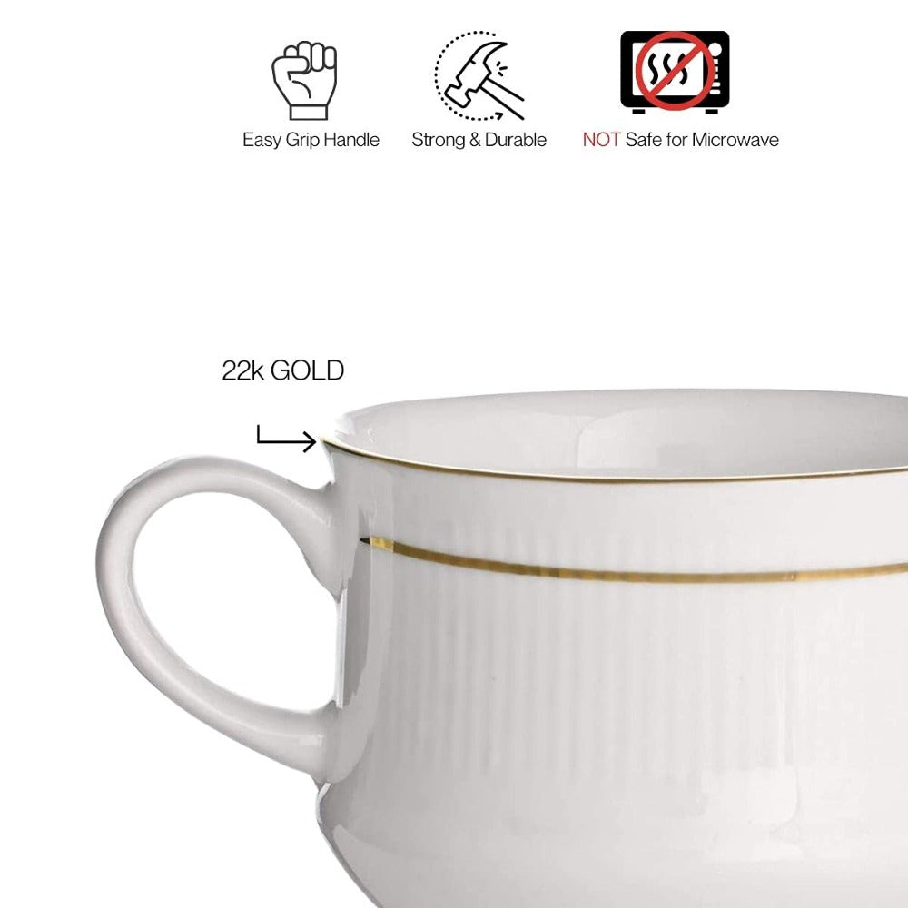Clay Craft Ceramic Mona 210 ML Coffee & Tea Mugs with 22K Gold Line | White | Set of 6 Pcs