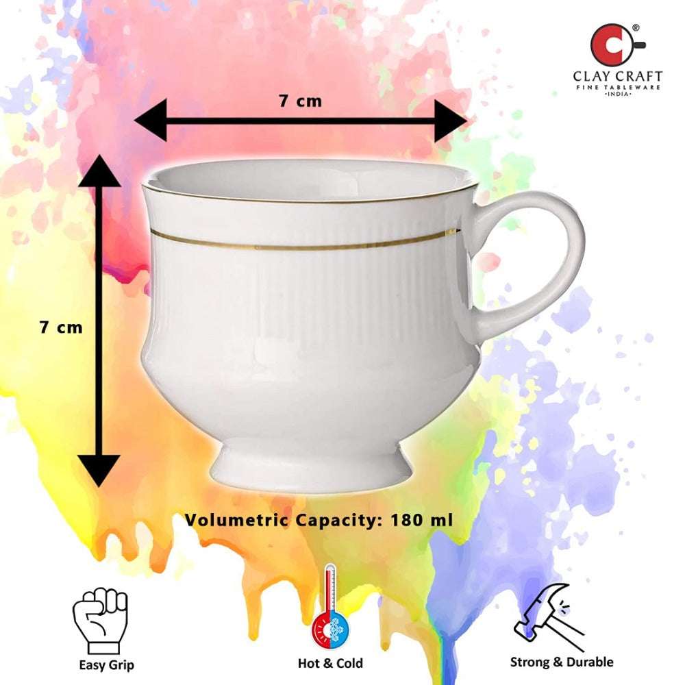Clay Craft Ceramic Mona 210 ML Coffee & Tea Mugs with 22K Gold Line | White | Set of 6 Pcs