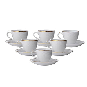 Clay Craft Ceramic Diamond 22k Gold Line Cup & Saucer Set | 210 ML | White | Set of 12 Pcs