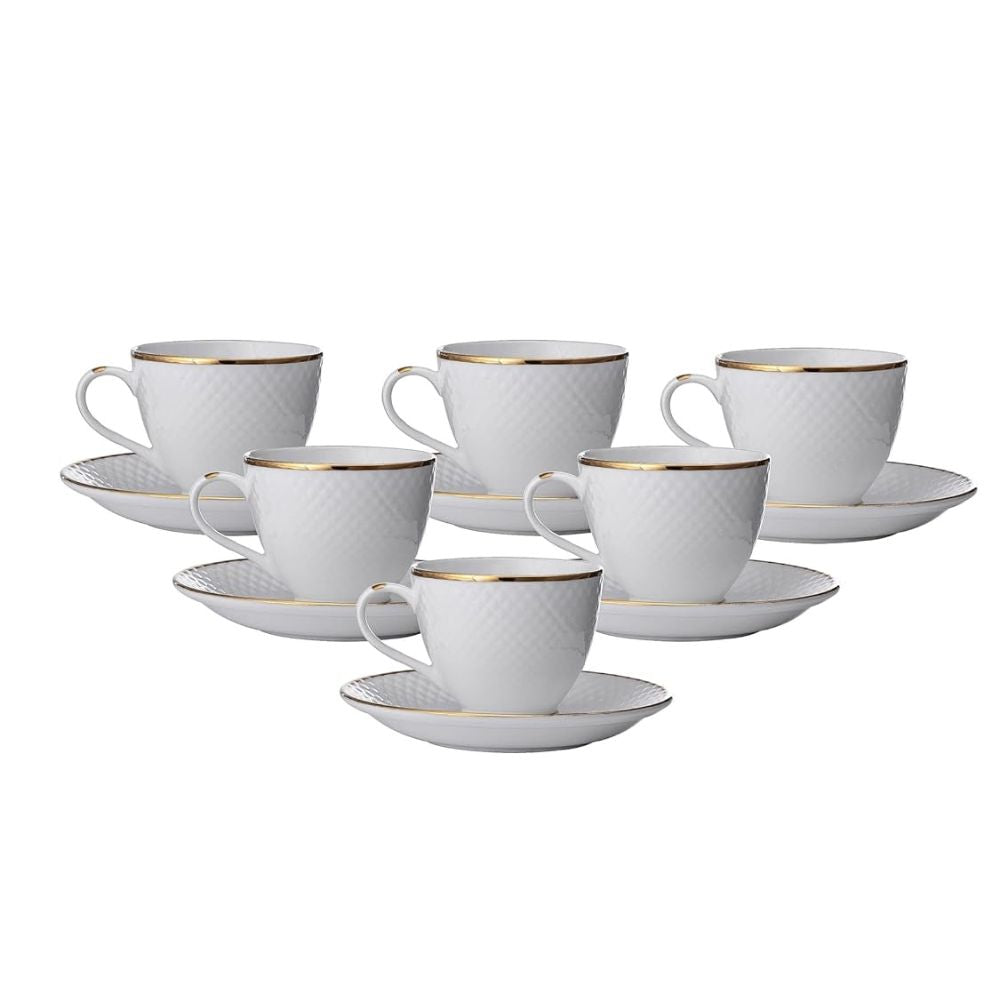 Clay Craft Ceramic Diamond 22k Gold Line Cup & Saucer Set | 210 ML | White | Set of 12 Pcs