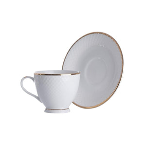 Clay Craft Ceramic Diamond 22k Gold Line Cup & Saucer Set | 210 ML | White | Set of 12 Pcs