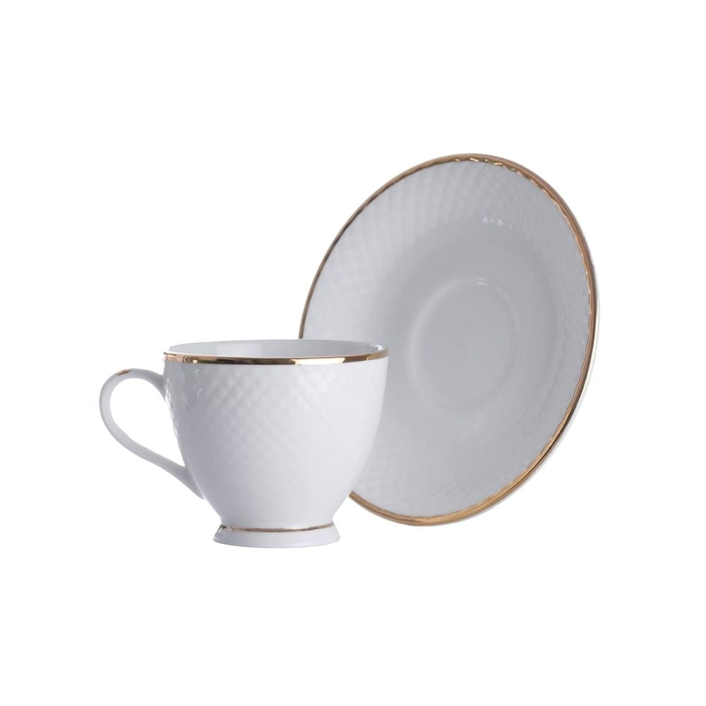 Clay Craft Ceramic Diamond 22k Gold Line Cup & Saucer Set | 210 ML | White | Set of 12 Pcs