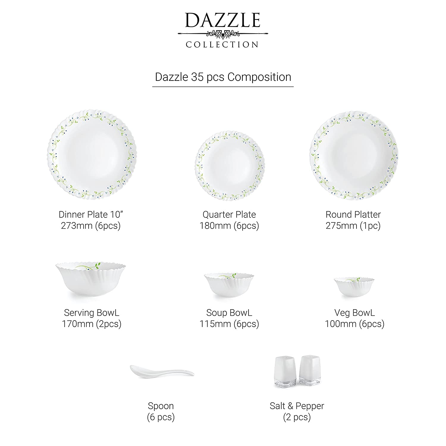 Dazzle Series 35 Pieces Opalware Dinner Set for Family of 6