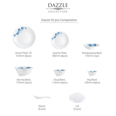 Dazzle Series 35 Pieces Opalware Dinner Set for Family of 6