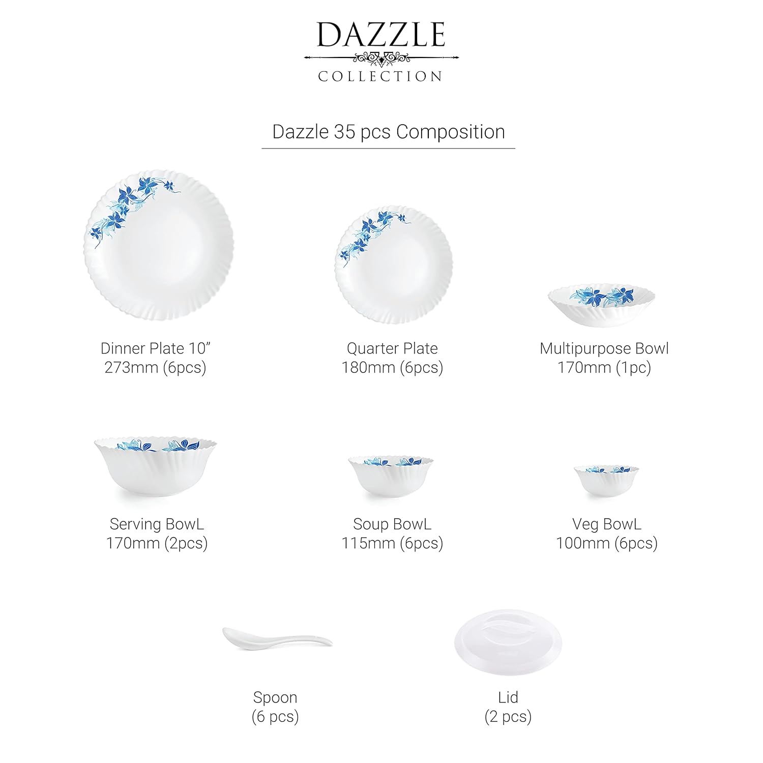 Dazzle Series 35 Pieces Opalware Dinner Set for Family of 6