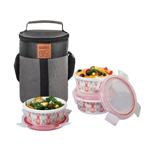 Red Trellis Opalware Lunch Box with Jacket