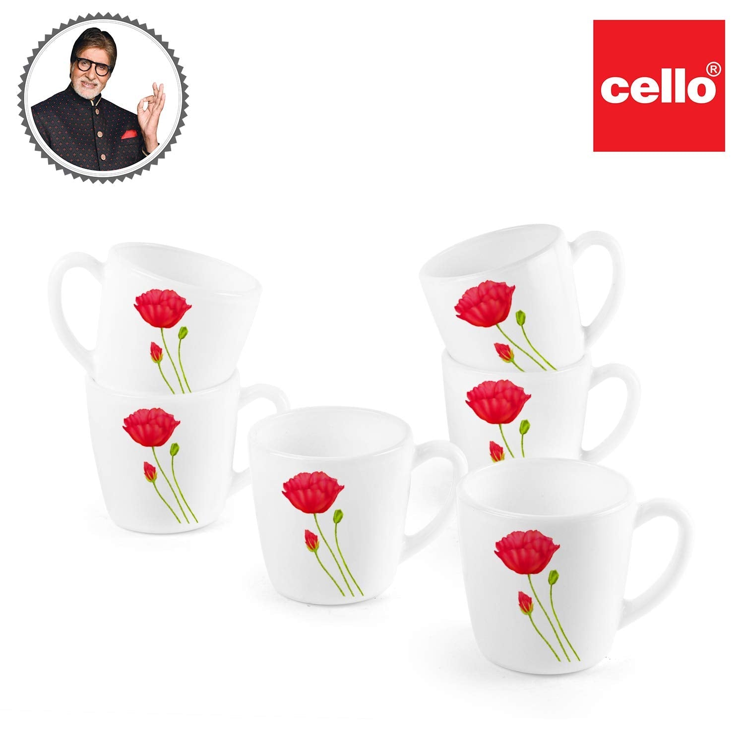 Imperial Red Poppy Ricca Mugs, 6 Pieces