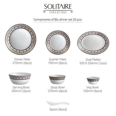 Solitaire 33 pc AB Series Dinner Set Family of 6, Blu