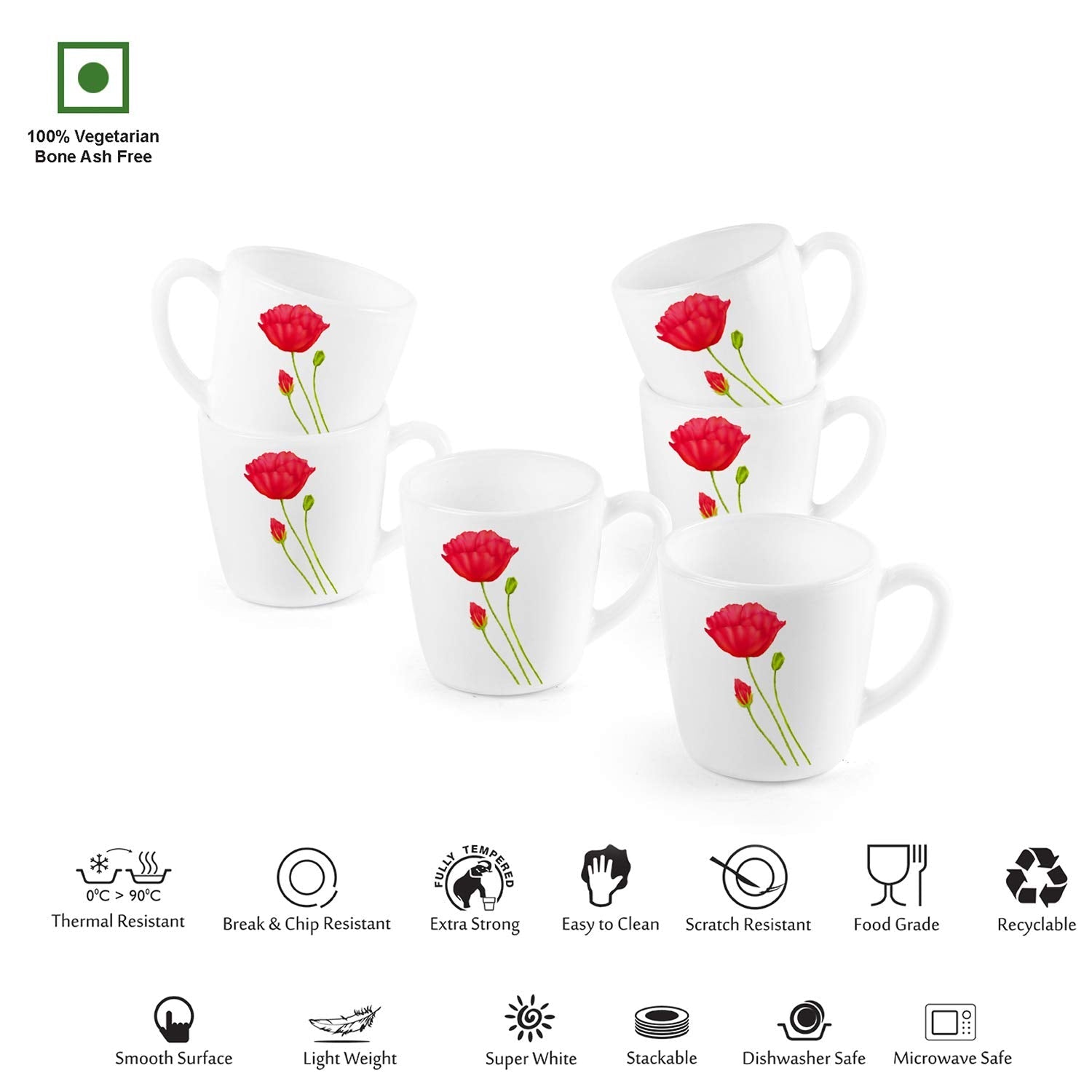 Imperial Red Poppy Ricca Mugs, 6 Pieces
