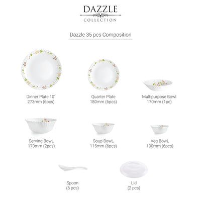 Dazzle Series 35 Pieces Opalware Dinner Set for Family of 6