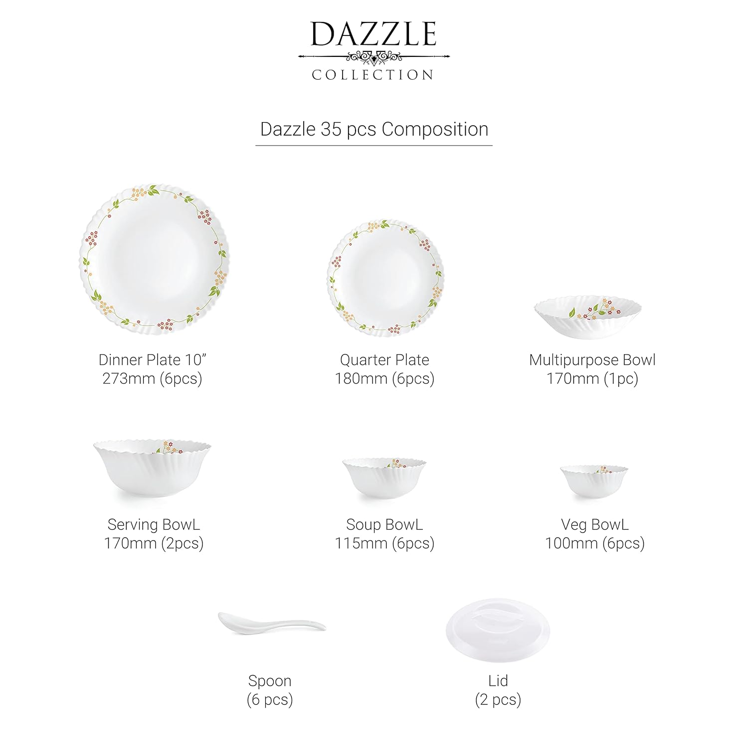 Dazzle Series 35 Pieces Opalware Dinner Set for Family of 6