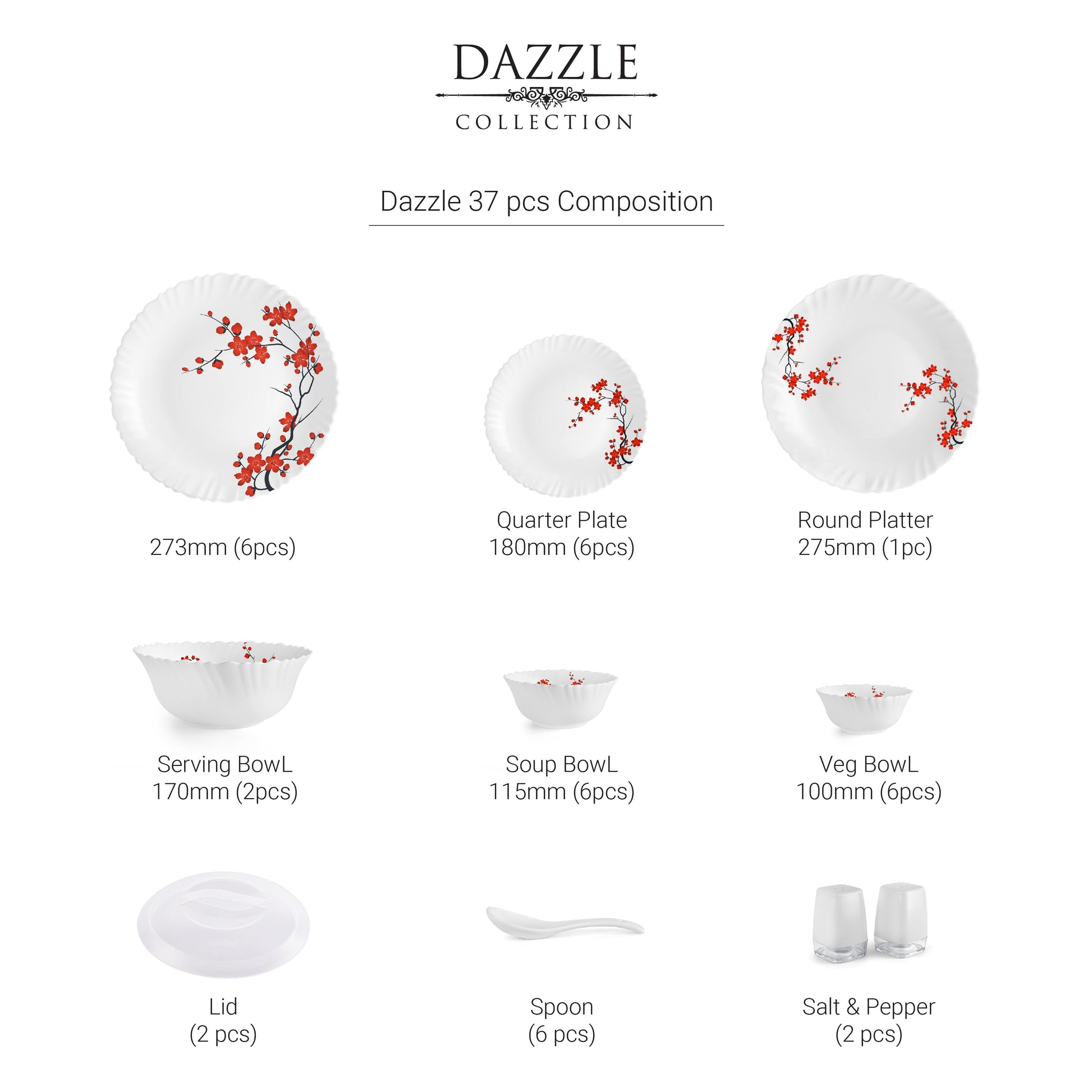Dazzle Series 37 Pieces Opalware Dinner Set for Family of 6