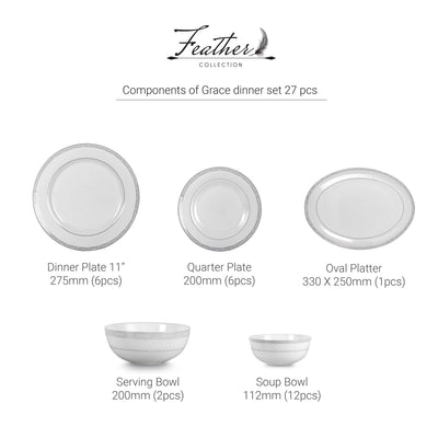 Feather Series 27 Pieces Opalware Dinner Set for Family of 6
