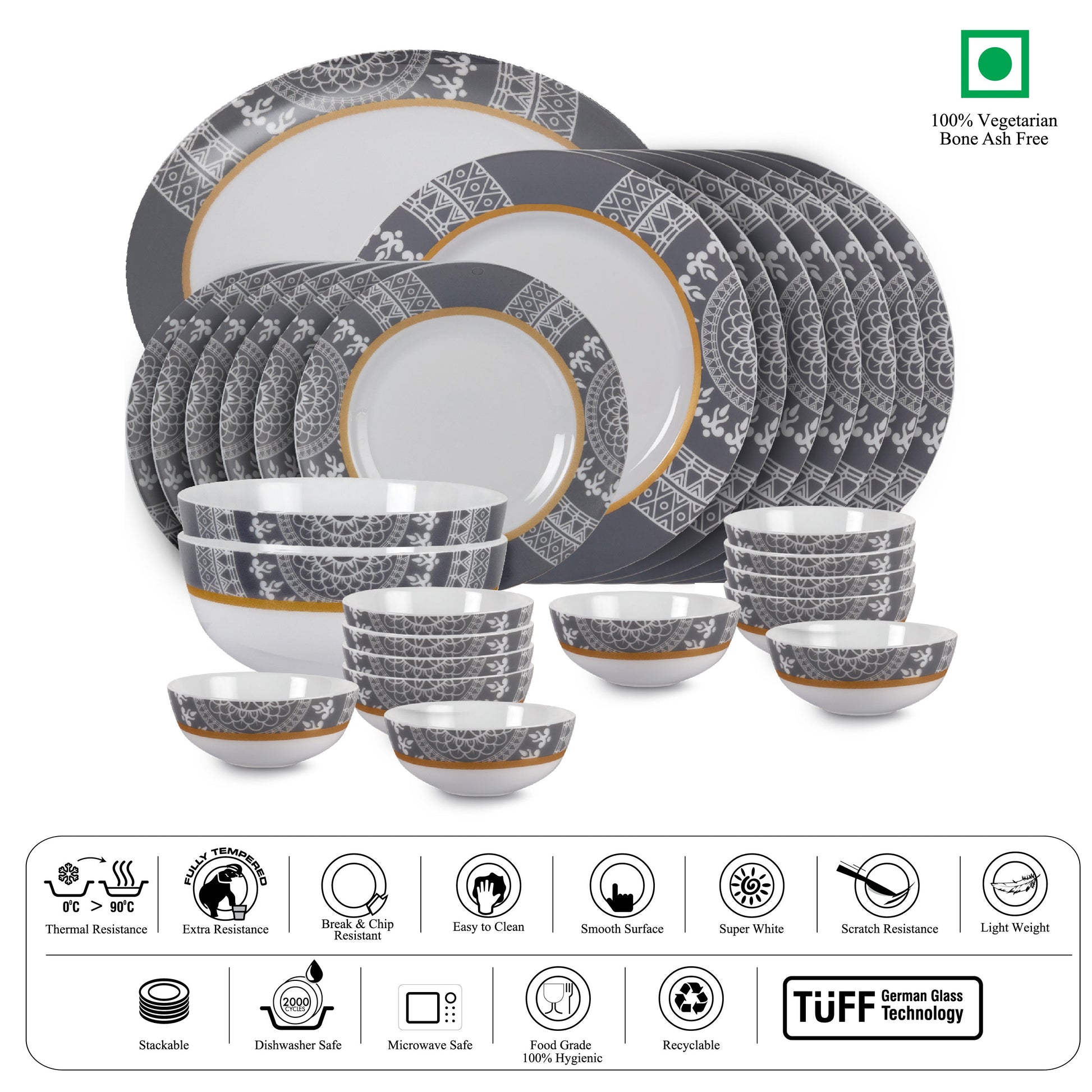 Feather Series 27 Pieces Opalware Dinner Set for Family of 6