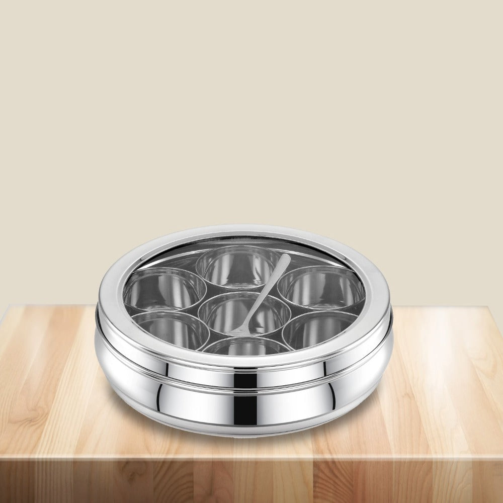 AVIAS Stainless Steel Deluxe Spice Box with See-Through Lid | 7 Compartments and 1 Spoon | Silver