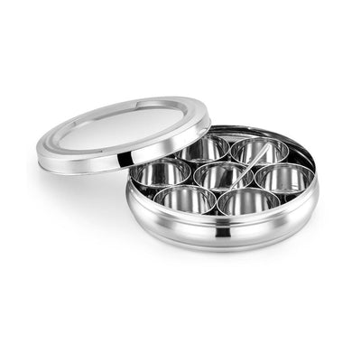 AVIAS Stainless Steel Deluxe Spice Box with See-Through Lid | 7 Compartments and 1 Spoon | Silver