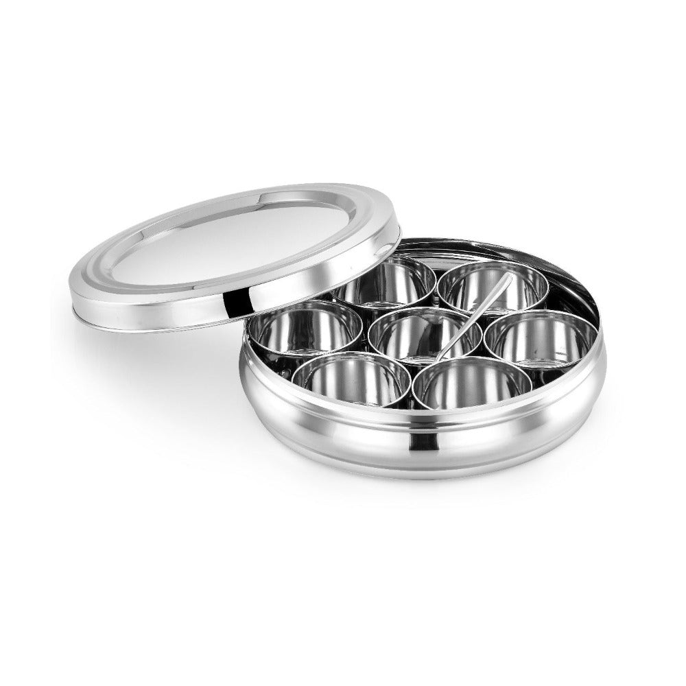AVIAS Stainless Steel Deluxe Spice Box with See-Through Lid | 7 Compartments and 1 Spoon | Silver