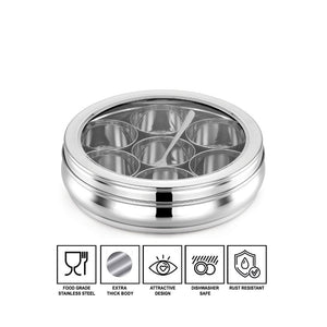 AVIAS Stainless Steel Deluxe Spice Box with See-Through Lid | 7 Compartments and 1 Spoon | Silver