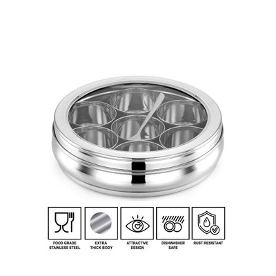 AVIAS Stainless Steel Deluxe Spice Box with See-Through Lid | 7 Compartments and 1 Spoon | Silver