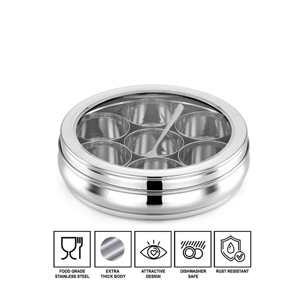 AVIAS Stainless Steel Deluxe Spice Box with See-Through Lid | 7 Compartments and 1 Spoon | Silver